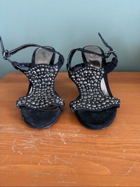 Black Crystal Embellished T-Strap Heels